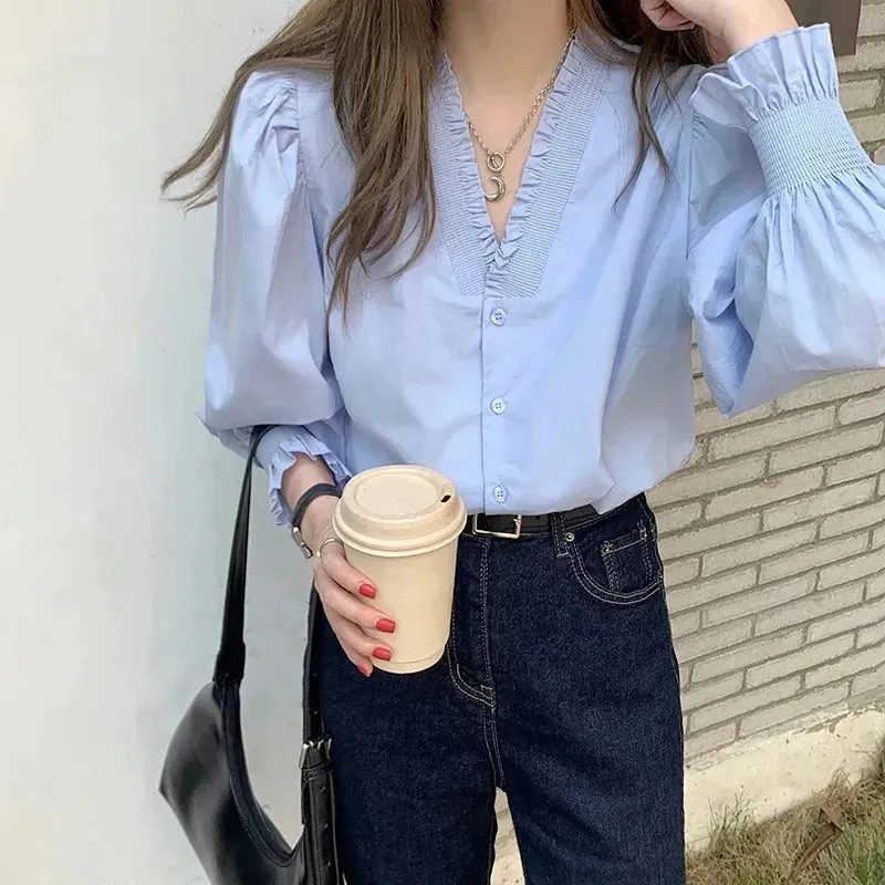 Znbbw Blue Shirts Women V Neck White Puff Long Sleeve Blouses Streetwear Korean Fashion Casual All Match Tops Spring Autumn