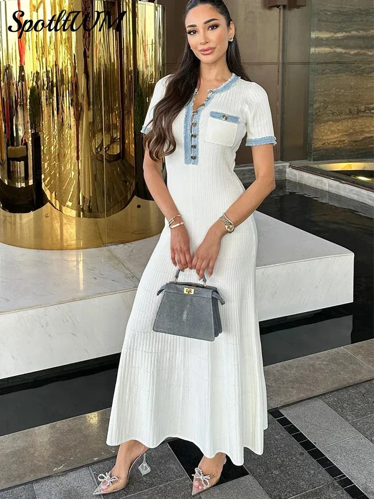 Znbbw Women Denim Patchwork Rib Knit Long Dresses Elegant Metal Single Breasted Bodycon Dress Summer Fashion Office High Street Robes