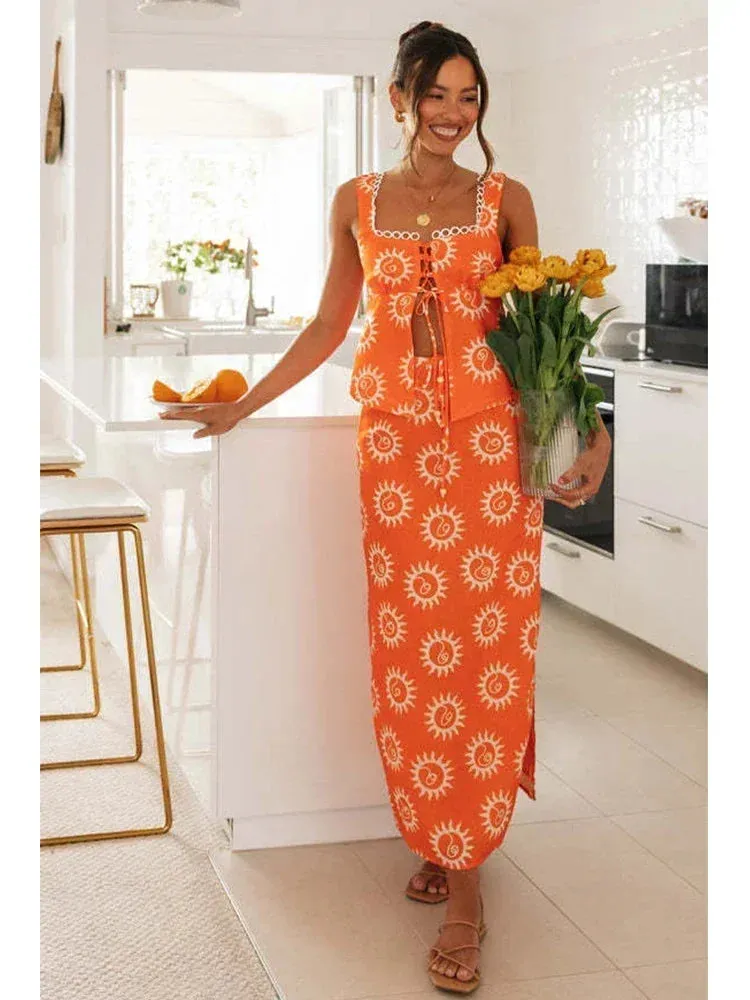 Znbbw Top Skirt Dress Set Spring Summer Slit Maxi Long Dress Suit Matching Set Boho Beach Dress Vestidos Women Clothing 2024