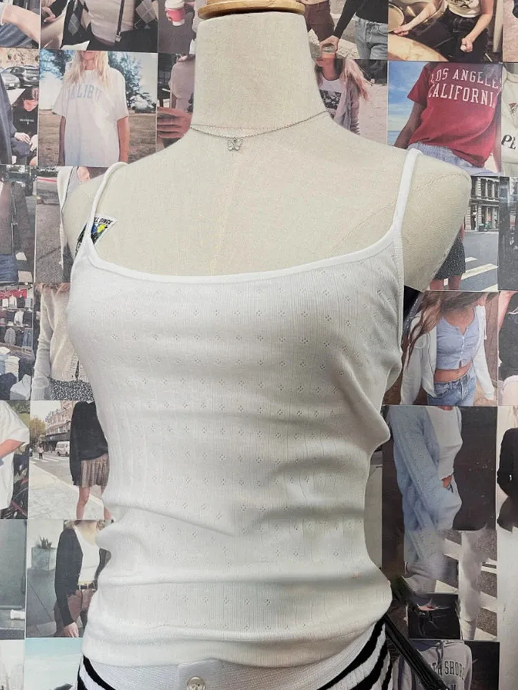 Znbbw Hollow Out Slim Camis Tops Women Summer White Cotton Sleeveless Solid Sweet Crop Top Cute Fairycore Vintage Tank Tops