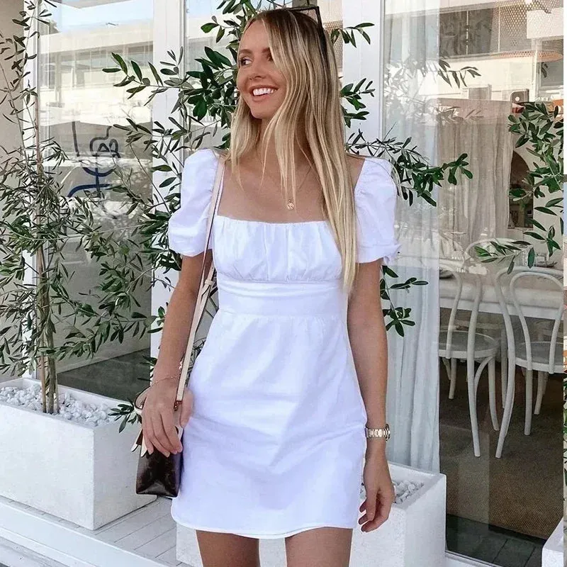 Znbbw Tie Back White Summer Short Dress Women's Casual Short Sleeve Square Collar Mini Backless Dress Femme Retro Dress 2024