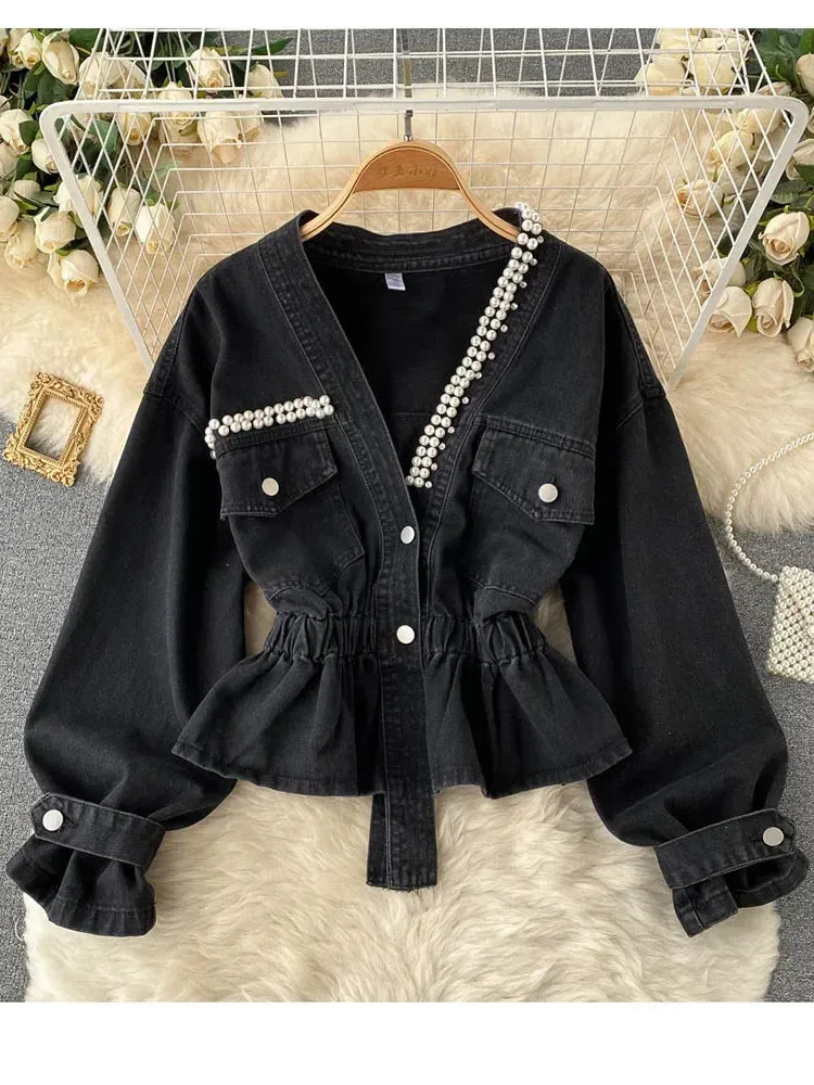 Znbbw 2024 New Retro Denim Jacket Female Temperament V-neck Single-breasted Beaded Waist Slim Crop Top KK1333