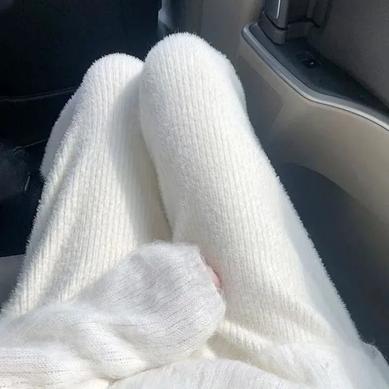 Znbbw wide leg pants for women autumn and winter loose high waist fluffy casual straight leg mink wool pants female tops