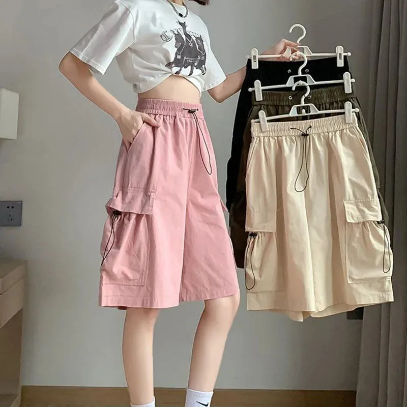 Znbbw Thin Cargo Shorts Women Y2K Loose Fashion Drawstring Pocket Shorts Bf Baggy Korean Streetwear Wide Leg Knee-Length Pants