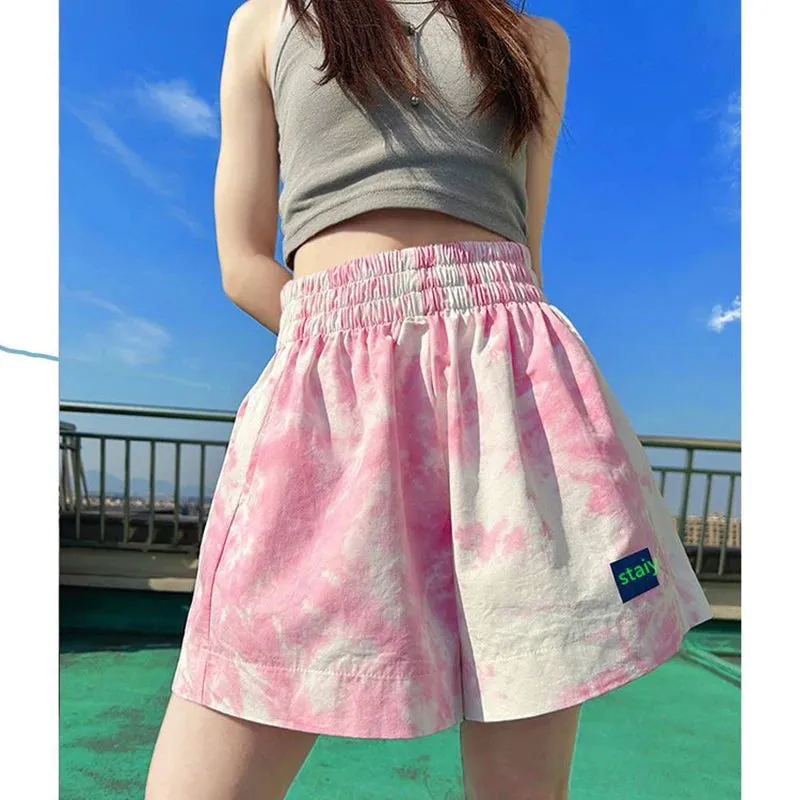 Znbbw High Waist Women Sports Shorts Summer Korean Tie Dye Loose Wide Leg Pants Casual Female Streetwear Fluorescent Pink Shorts