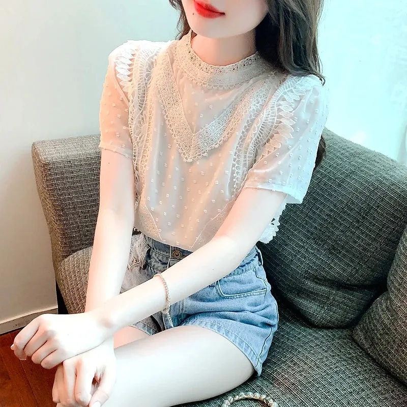 Znbbw Mujer De Moda 2023 Verano White Lace Chiffon Blouse Shirt Women Tops Summer Short Sleeve Blouse Women Blouses Shirts G466