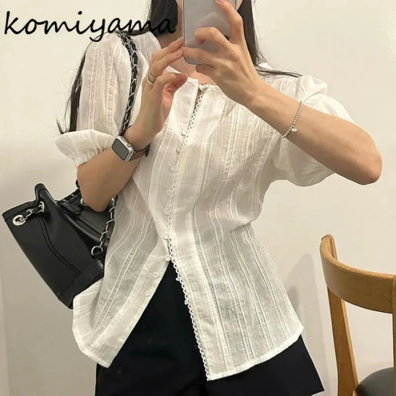 Znbbw Short Sleeve Shirts & Blouses Single Breasted Blusas Korean Ins Camisas Round Neck Ropa Mujer Summer 2024 New Tops