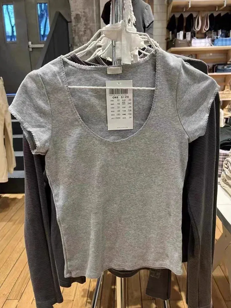 Znbbw Lace Trim Cotton T-shirts Women Summer Sweet Round Neck Slim Short Sleeve Tees Female Y2k Solid Casual Cute Crop Top