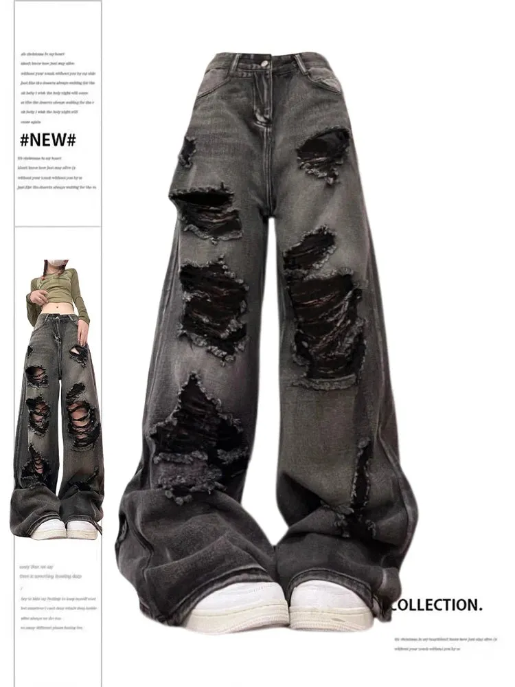 Znbbw Women's Ripped Jeans Baggy Vintage Aesthetic Streetwear Cowboy Pants Harajuku Oversize Denim Trousers Y2k 2000s Trashy Clothes