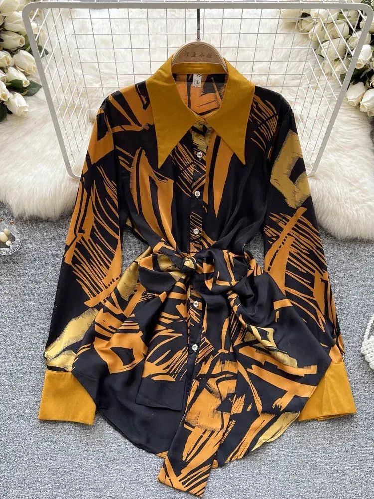 Znbbw Spring Autumn Printed Shirt Women's Loose Vintage Fashion Lapel Chiffon Blouse Medium Long Languid Ruffle Top Women G15