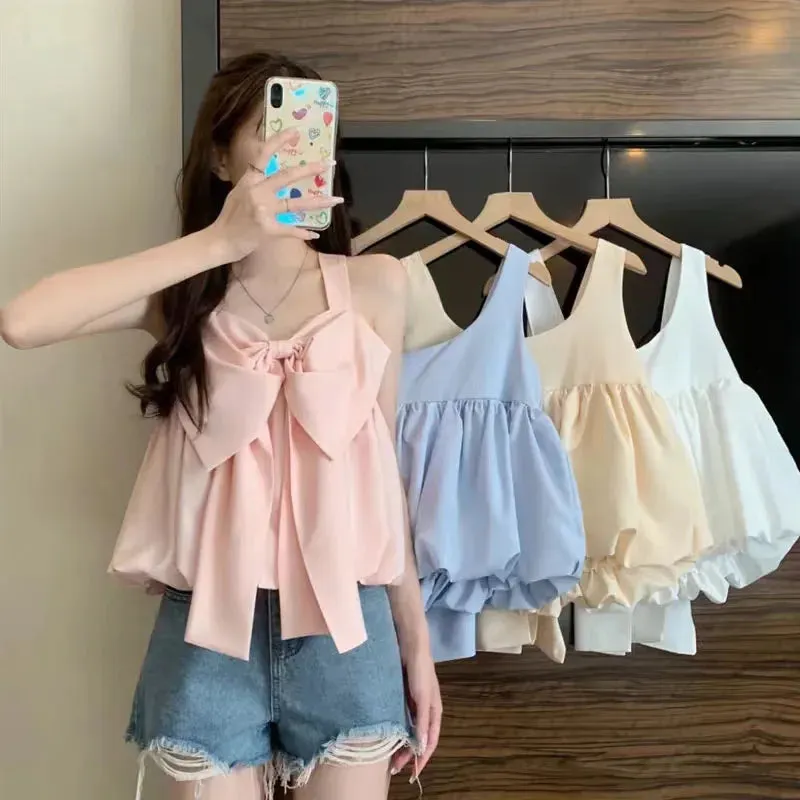 Znbbw Bow Camis Women Summer Fashion Solid Ruffles Casual Crop Tops Female Korean Chic Sleeveless Holiday All-match Tanks New