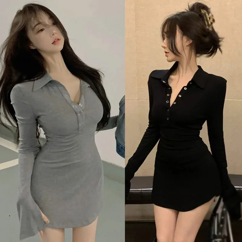 Znbbw Women's Dress Korean Version Slim Sexy Casual Long Sleeved Buttocks Wrapped Dress