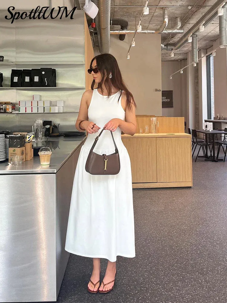 Znbbw White Patchwork A-line Women Midi Dress Fashion Crew Neck Sleeveless Long Dresses Female Party Commute Street Vestidos