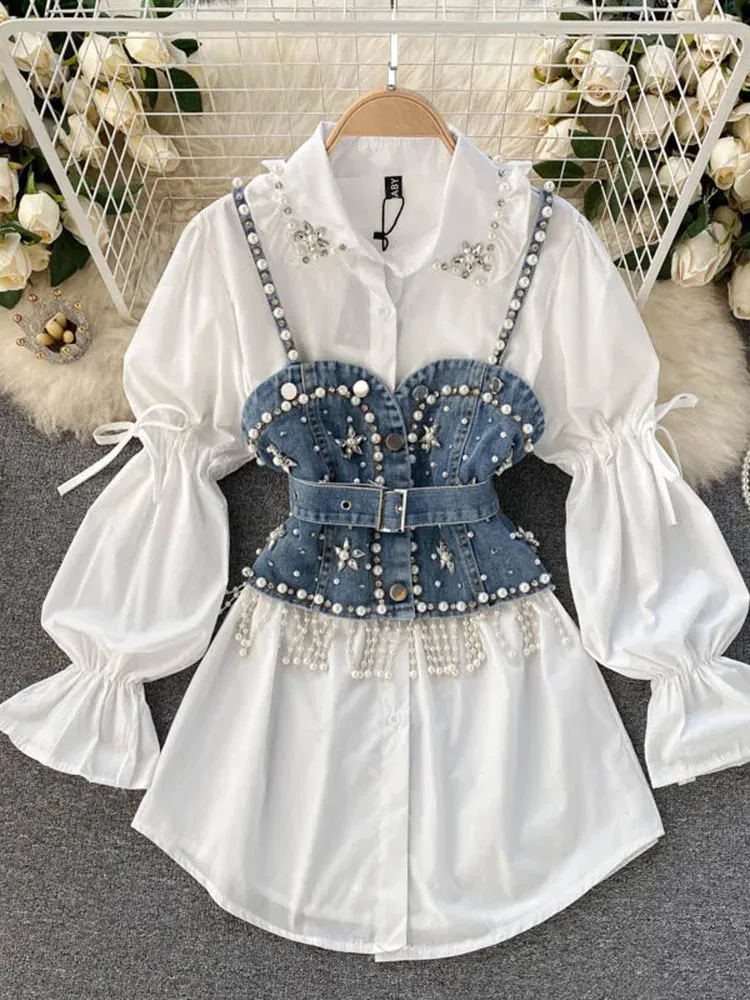 Znbbw Autumn New Blouse Women's Diamond Beaded Puff Sleeve Blusa Top Tassel Pearl Sling Waistcoat Two-piece Stacking Shirt C813
