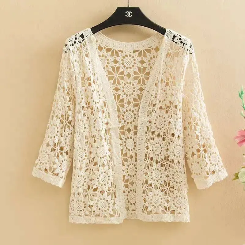 Znbbw lace sunscreen cardigan with loose knit straps, air-conditioned jacket, spring and autumn new thin women's clothing