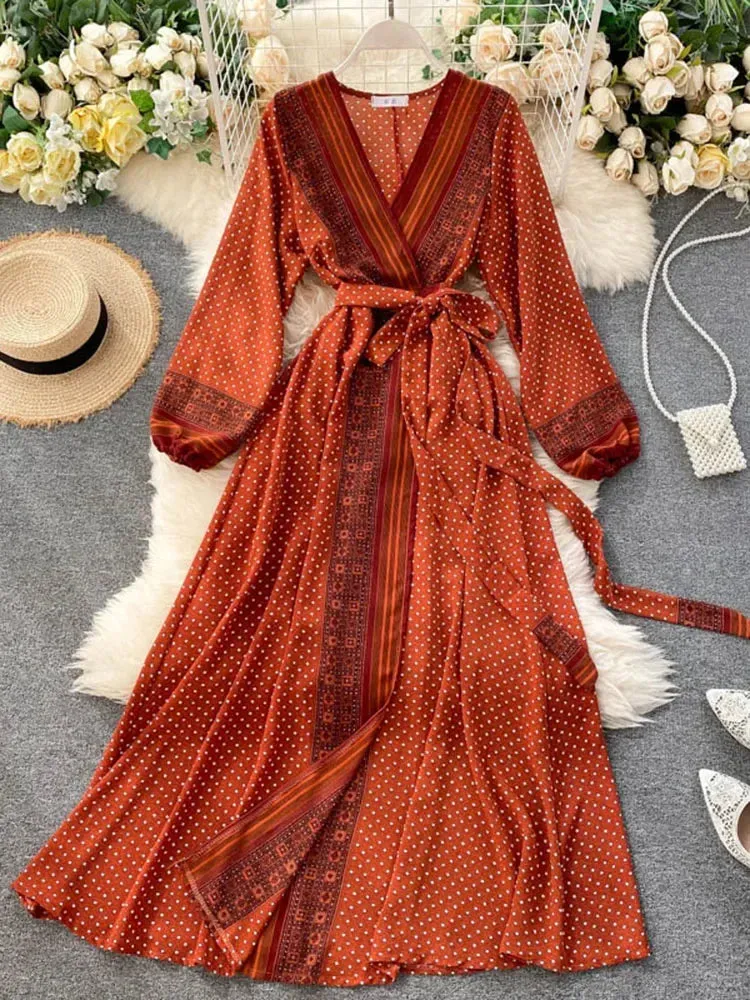 Znbbw Autumn Women's Holiday Dress 2024 New Thin Chiffon Retro Print Lace-up Waist Slim Long Dress for Women LL975