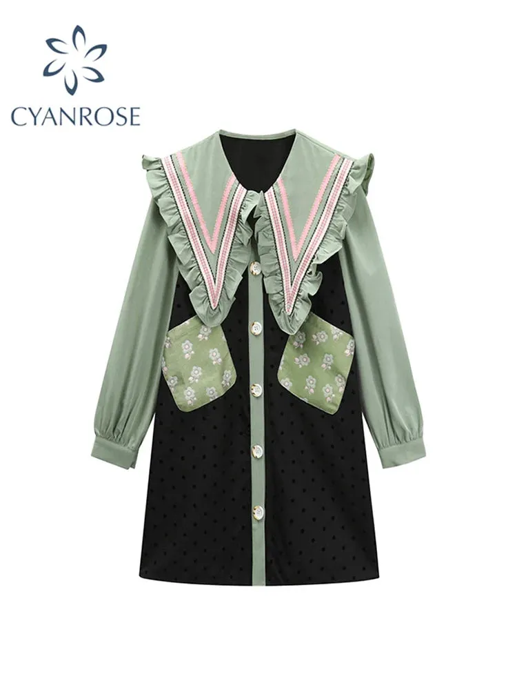 Znbbw Style Women 2024 Autumn Patchwork Dress Sleeve Doll Collar Dress Dresses Vintage Loose A-Line Dress Preppy Style Leisure