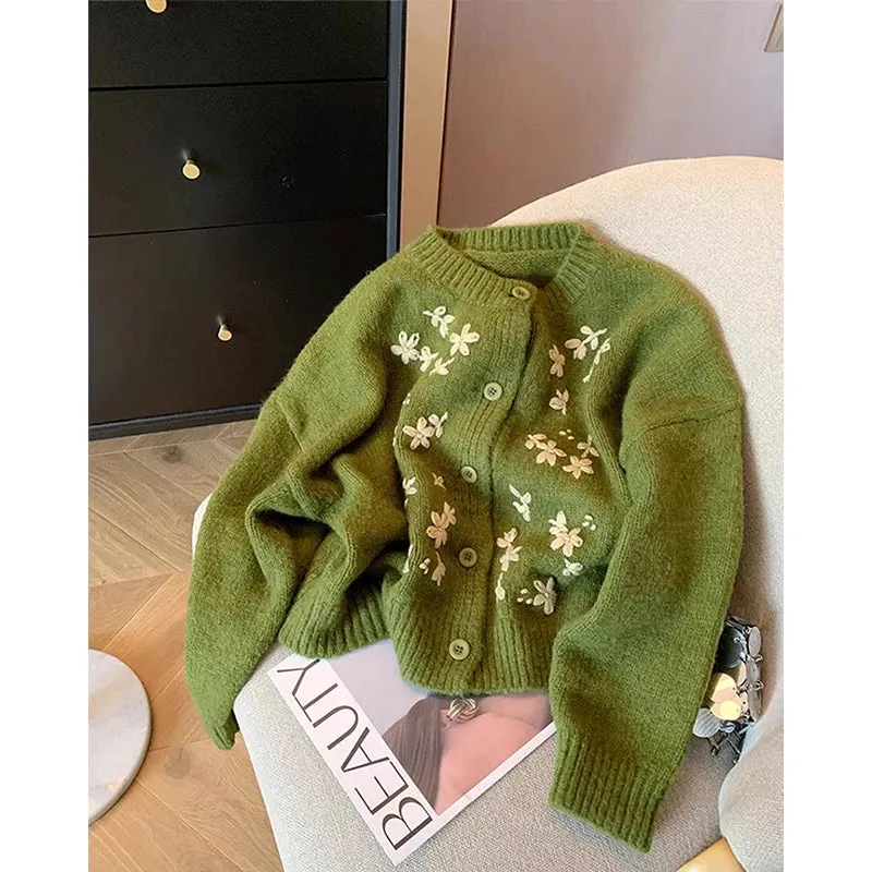Znbbw Floral Cropped Knitted Cardigan Women Embroidery Sweater Coat Korean Elegant Single Breasted Knitwear Casual Jumpers New