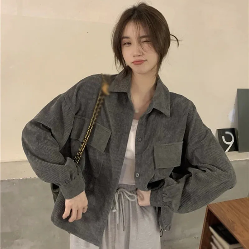 Znbbw Women's shirt Loose fitting Versatile Corduroy Retro Women's top Thickened Shirt Jacket