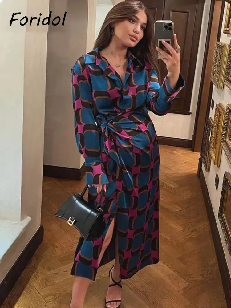 Znbbw Side Split Women Fashion Geometric Print Blue New In Shirt Wrap Dress Women Long Sleeve Bowknot Maxi Long Vestido Robe