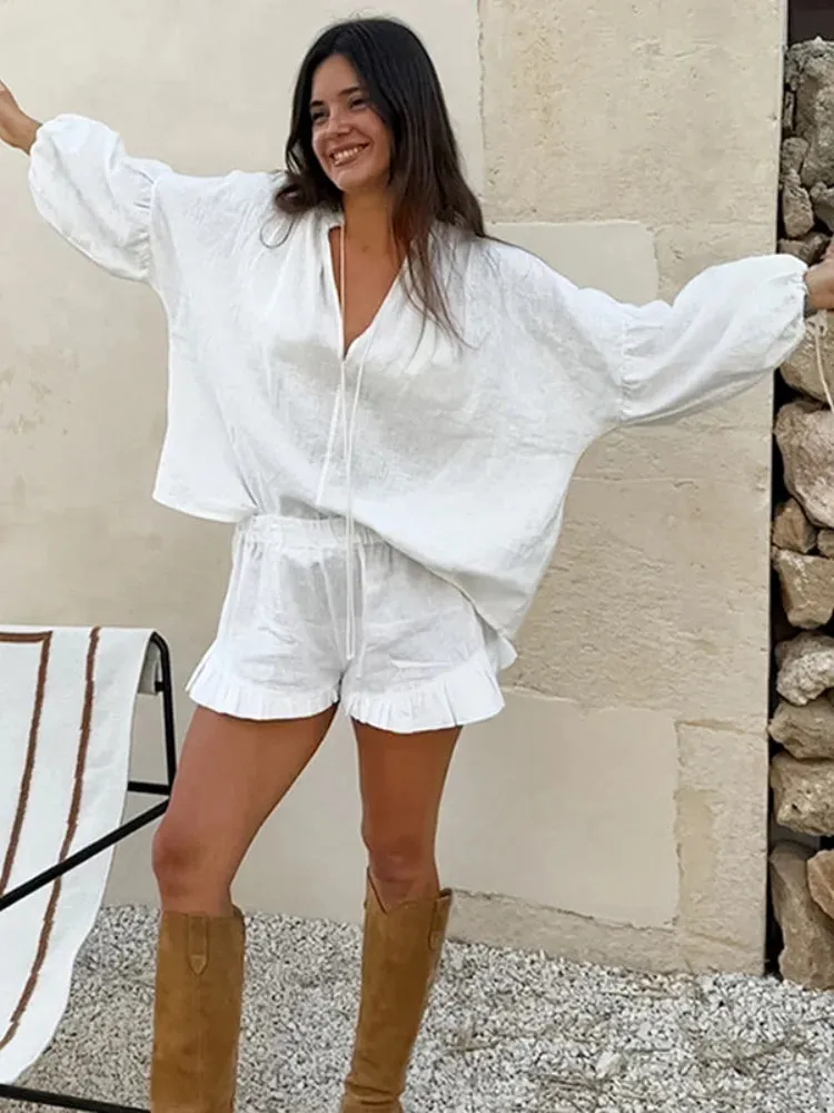 Znbbw Linen Women Shorts Sets V-neck Lantern Sleeve Lace Up Hollow Out Shirts High Waist Elastic Shorts Lady Outfit 2024 Summer