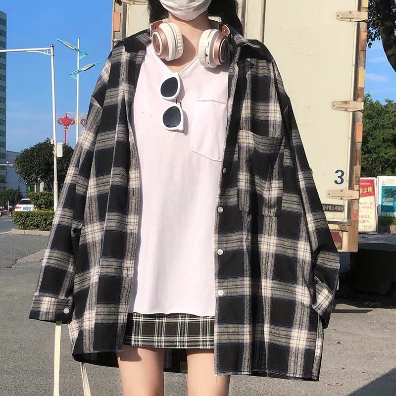 Znbbw Women Korean Plaid Shirt Vintage Streetwear Female Loose Tops Casual Student All Match Long Sleeve Shirt Spring Summer New
