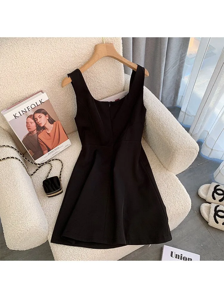 znbbw Summer Vintage Elegant Black Backless Slim High Waist Dresses Women's Sleeveless Camisole Suspender Dress Ladies Clothes