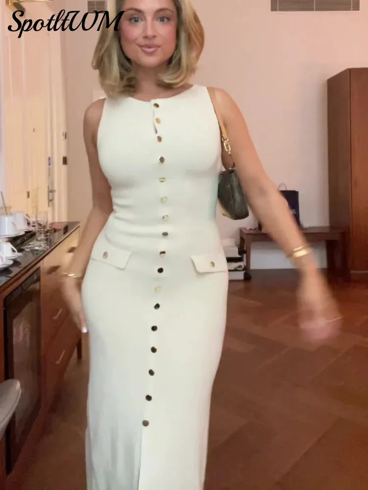 Znbbw New Fake Pockets Knitted Long Dress Fashion Single Button Sleeveless O Neck Slim Dresses Summer Lady Commute Party Wear