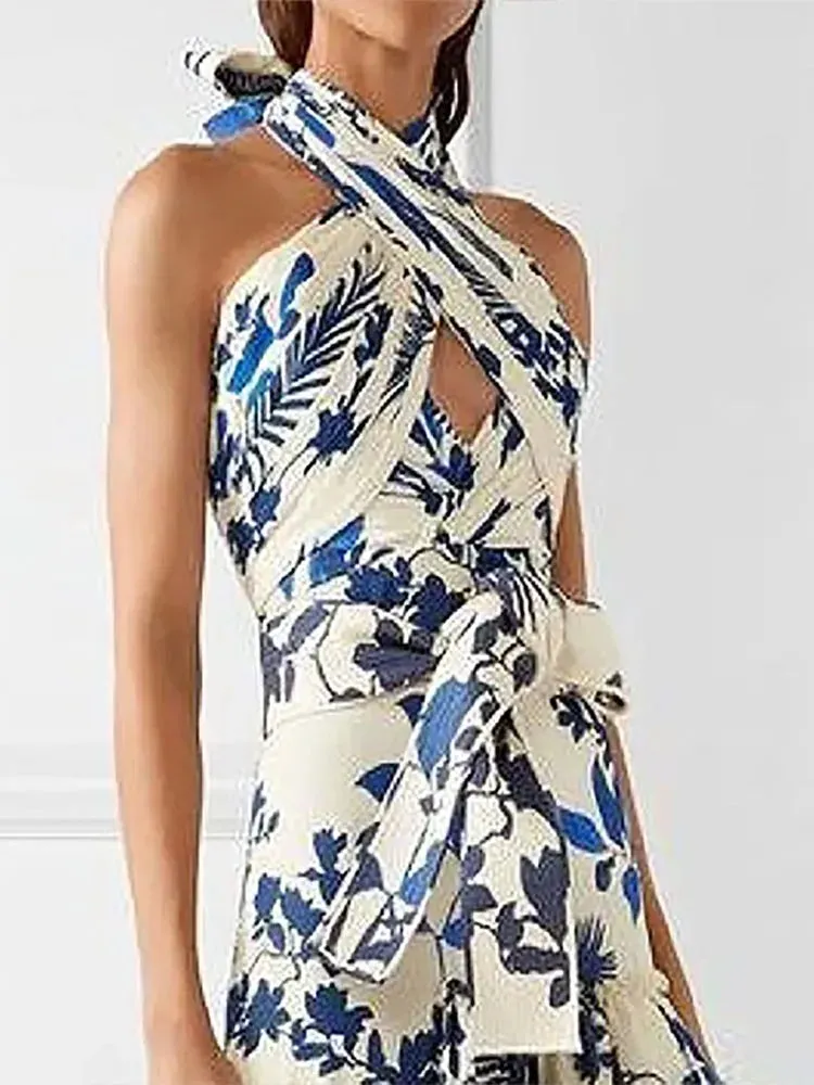 Znbbw Vintage Printed Ruffle Maxi Dress Women Fashion Sleeveless Cross Halter Slim Robes 2023 Beach Wedding Party Vestidos