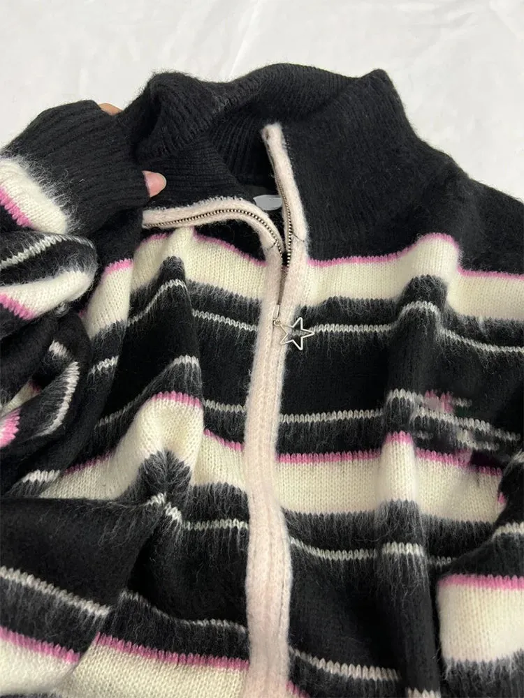Znbbw Women Black Gothic Striped Cardigan Knit Two-tone Sweater 90s Harajuku Korean Vintage Long Sleeve Jumper Sweaters 2000s Clothes