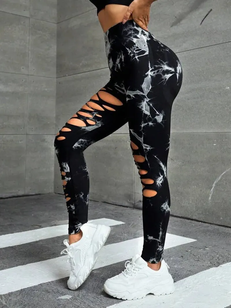 Znbbw Sexy Hollow Out Tie Dye Leggings Women Seamless Leggings High Waist Hip Liftting Stretchy Sports Fitness Running Yoga Tights