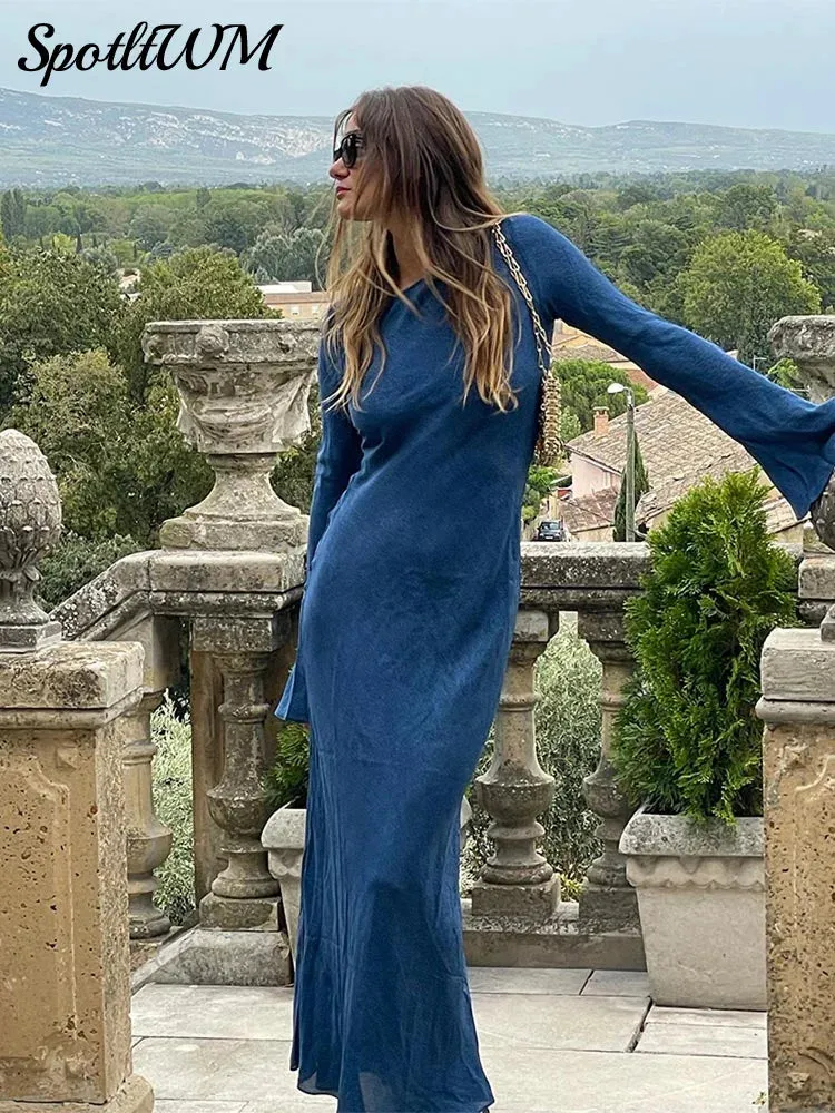 Znbbw Crew Neck Slim Fit A-line Long Robes Women Elegant Flare Sleeve Maxi Dress2024 New Female Chic Commute Street Dresses