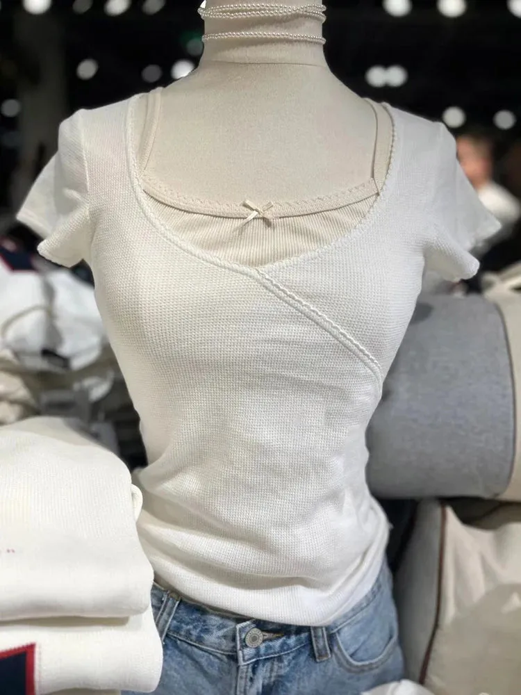 Znbbw Lace Trim Waffle Tees Casual Summer Sexy V Neck White Cotton Short Sleeve T-shirt Women Harajuku Solid Slim Crop Top Y2k