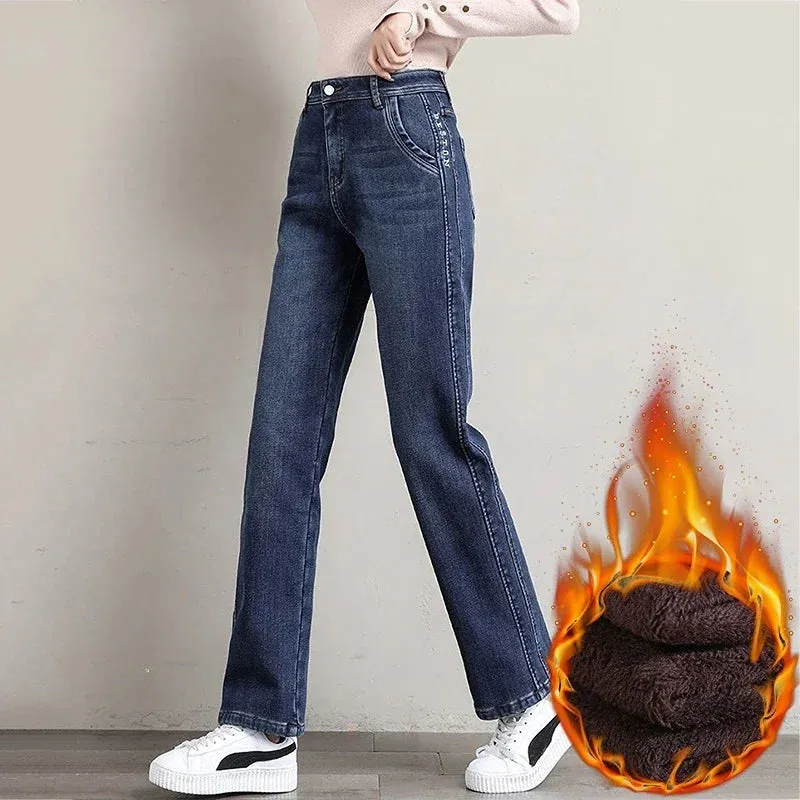 Znbbw Winter Thick Warm Fleece Women Straight Jeans Women Classic High Waist Thicken Fashion Warm Denim Pants Retro Cowboy Trouser