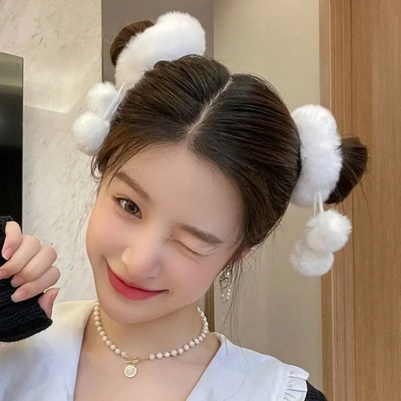 Znbbw Kawaii Hair Ties Women Sweet Fur Plush Pompom Hairbands Fashion Girls Elastic Ponytail Holder Hair Rope Hair Accessories