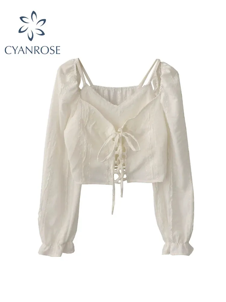 Znbbw Women Apricot Shirt and Blouses Korean Elegant Harajuku Fashion Vintage Kawaii Long Sleeve Lace Up Shirt Top Clothes Autumn 2024