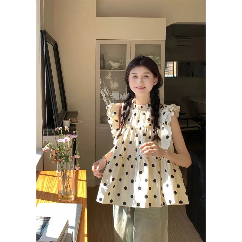 Znbbw Cute Polka Dots Shirts Women Korean Ruffles Flying Sleeve Blouses Streetwear Fashion Print Stand Casual Tops Summer New