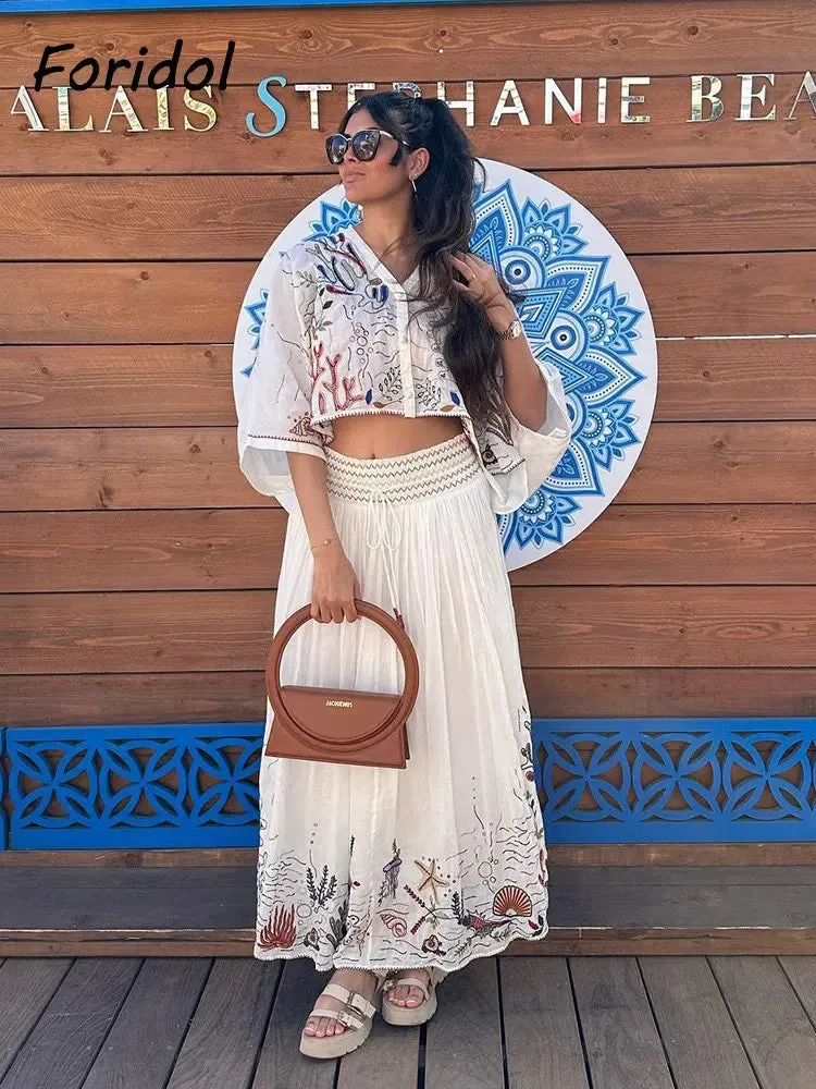 Znbbw Marine Organism Embroidery Batwing Sleeve Summer Spring Maxi Skirt Set Cotton White Tassle Dress Set Outfits Button Suit