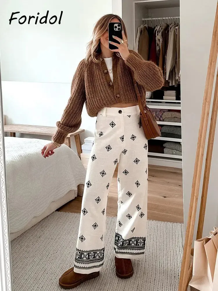 Znbbw Geometric Embroidery Wide Leg Spring Summer Women Beige Long Pants Zip Fashion Trousers Pantalones De Mujer Autumn Pants