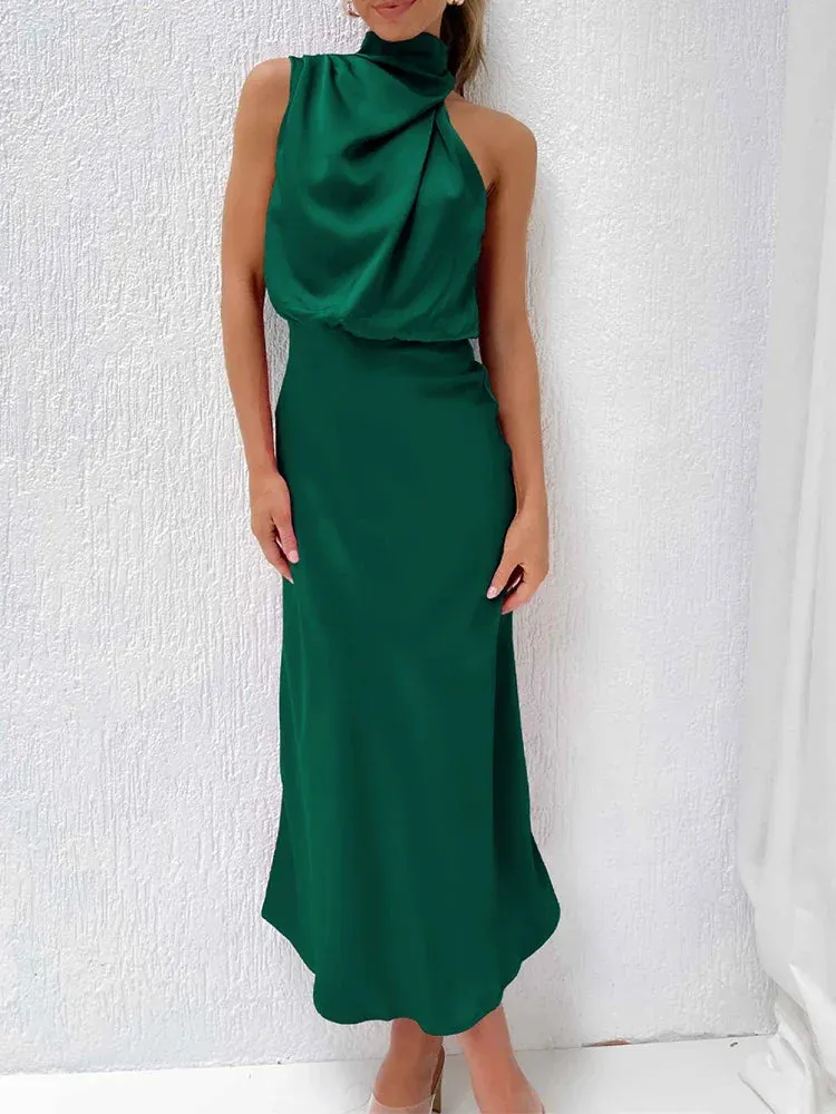 Znbbw One Shoulder Turtleneck Tank Satin Women Party Dress Robe Zip Sleeveless Elegant Vintage Folds Women Clothing 2024