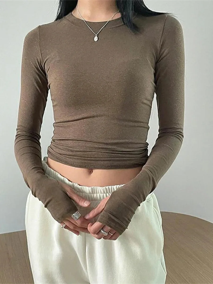 Znbbw Women Spring Autumn y2k Skinny Long Sleeve T-shirts with Thumb Hole Crewneck Solid Slim Fitted Basic Crop Tops Tees Streetwear