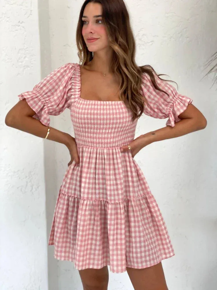 Znbbw Square Collar Gingham Printed Women Casual Summer Short Dress Puff Sleeve A-line Pink Cute Fashion Outfit Vestidos