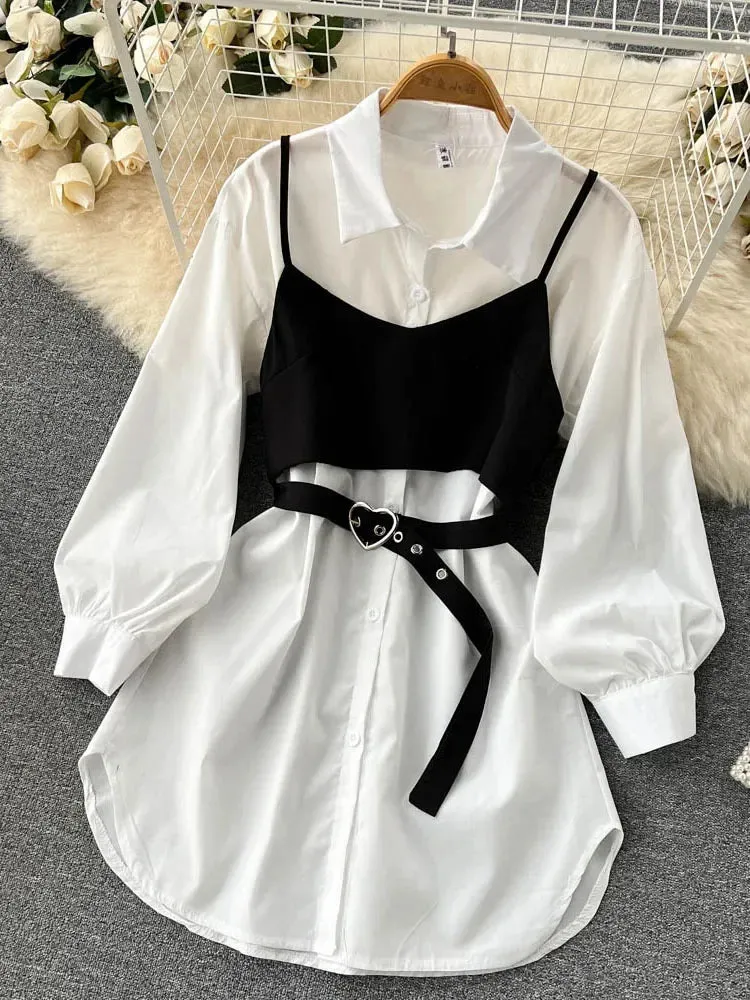 Znbbw Women Spring Sautumn Dresses Temperament and High-end Small Camisole Two-piece Set Collar Long-sleeved White Vestidos D1692