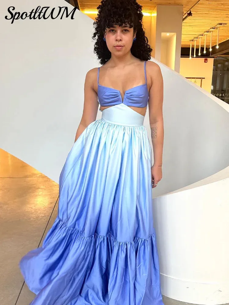 Znbbw Low-cut Waist Hollow Out Backless Sling Dress Women Blue Gradient Patchwork Pleated Dresses 2024 Chic Evening Party Vestido