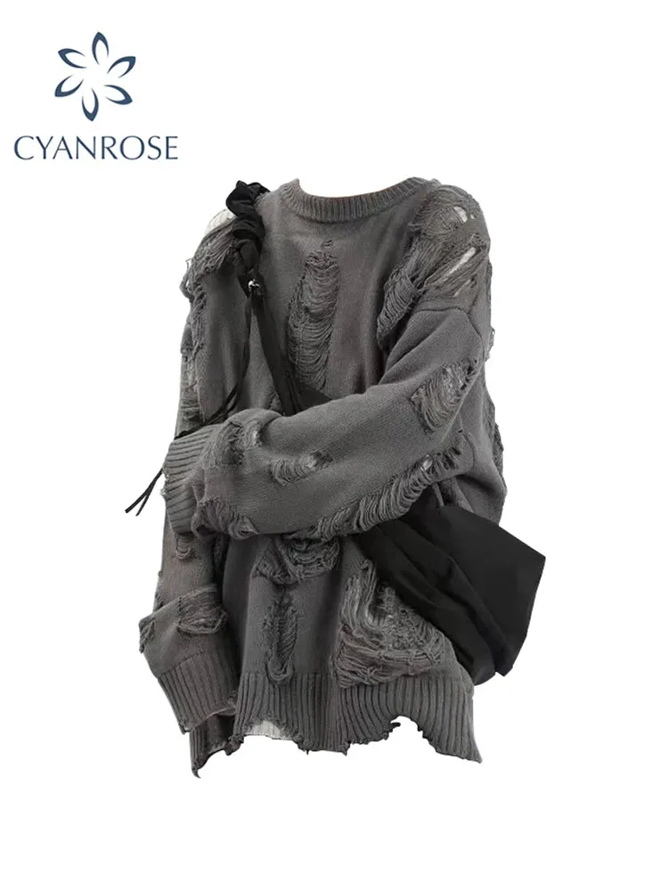 Znbbw Women's Grey Pullover Knitted Torn Sweater Harajuku Korean Y2k 90s Vintage Hollow Out Long Sleeve Sweaters Top Emo 2000s Clothes