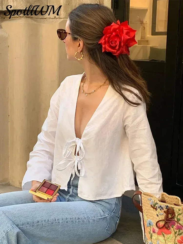 Znbbw Cotton And Linen Lace Up Long Sleeve Blouse Loose Casual V-neck Shirt For Women 2024 Spring Female Beachwear Vacation Tops