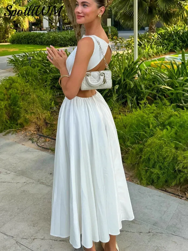 Znbbw White Backless Long Dress Women Fashion Slim O Neck Sleeveless Vestidos 2024 Summer fashion Ladies Holiday Party Robes