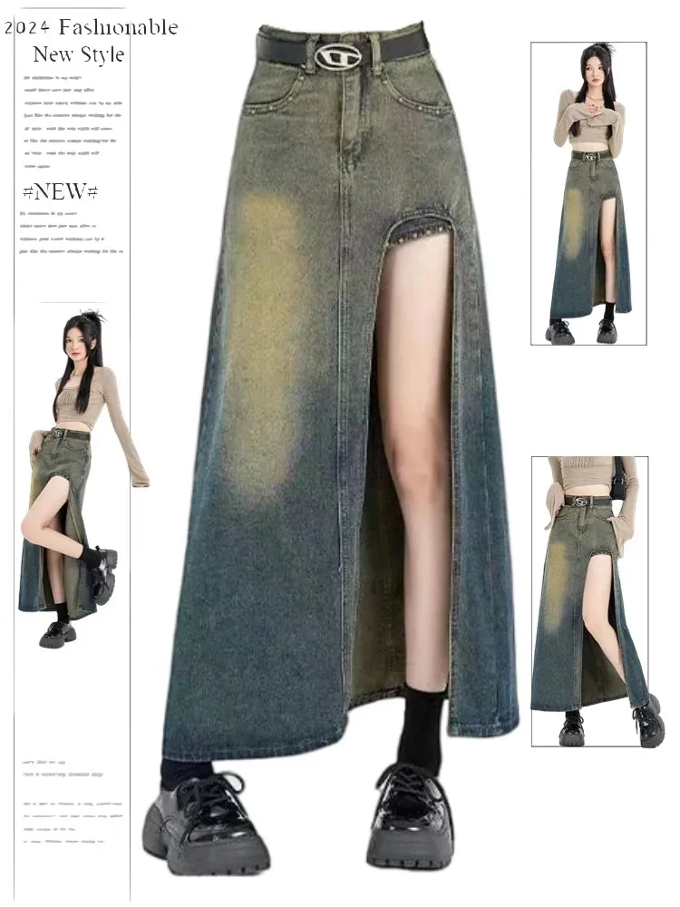 Znbbw Women's Blue A-line Denim Skirt with Slit Vintage Aesthetic Y2k Jean Skirt Harajuku Korean Long Skirt 2000s Clothes Summer 2024