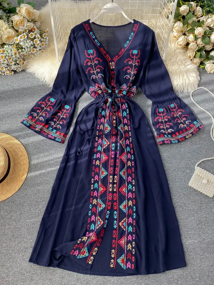 Znbbw Women's Dress Heavy Industry Embroidery V-neck Drawstring Trumpet Sleeves Ethnic Style Thin Waist Long Dresses LL040