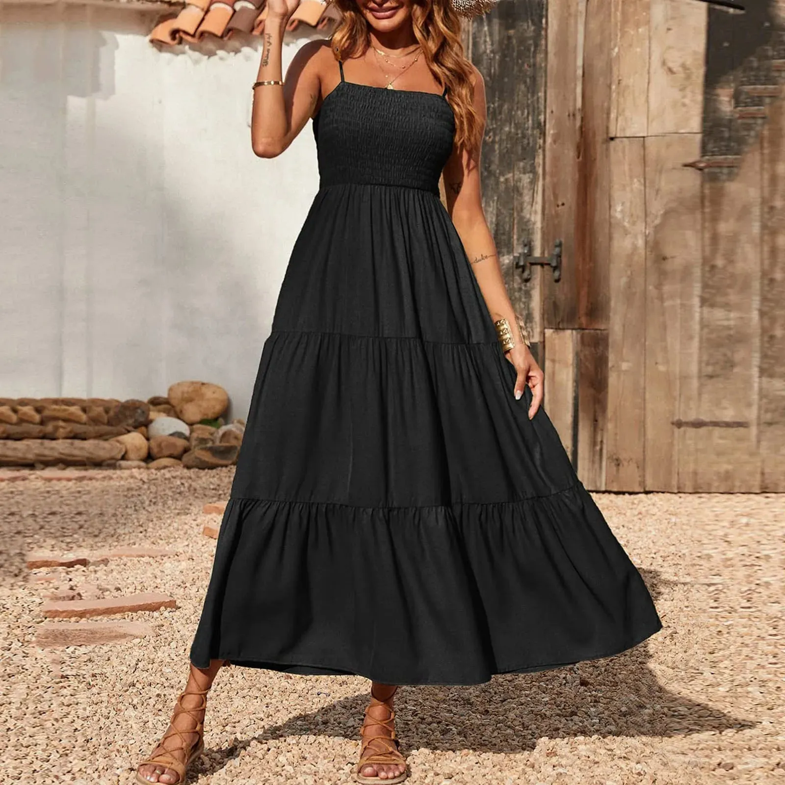 Znbbw Elegant Black Spaghetti Long Dress Vintage Sleeveless Boho Beach Dress Sexy Ruched High Waist Tiered Sundress 2024